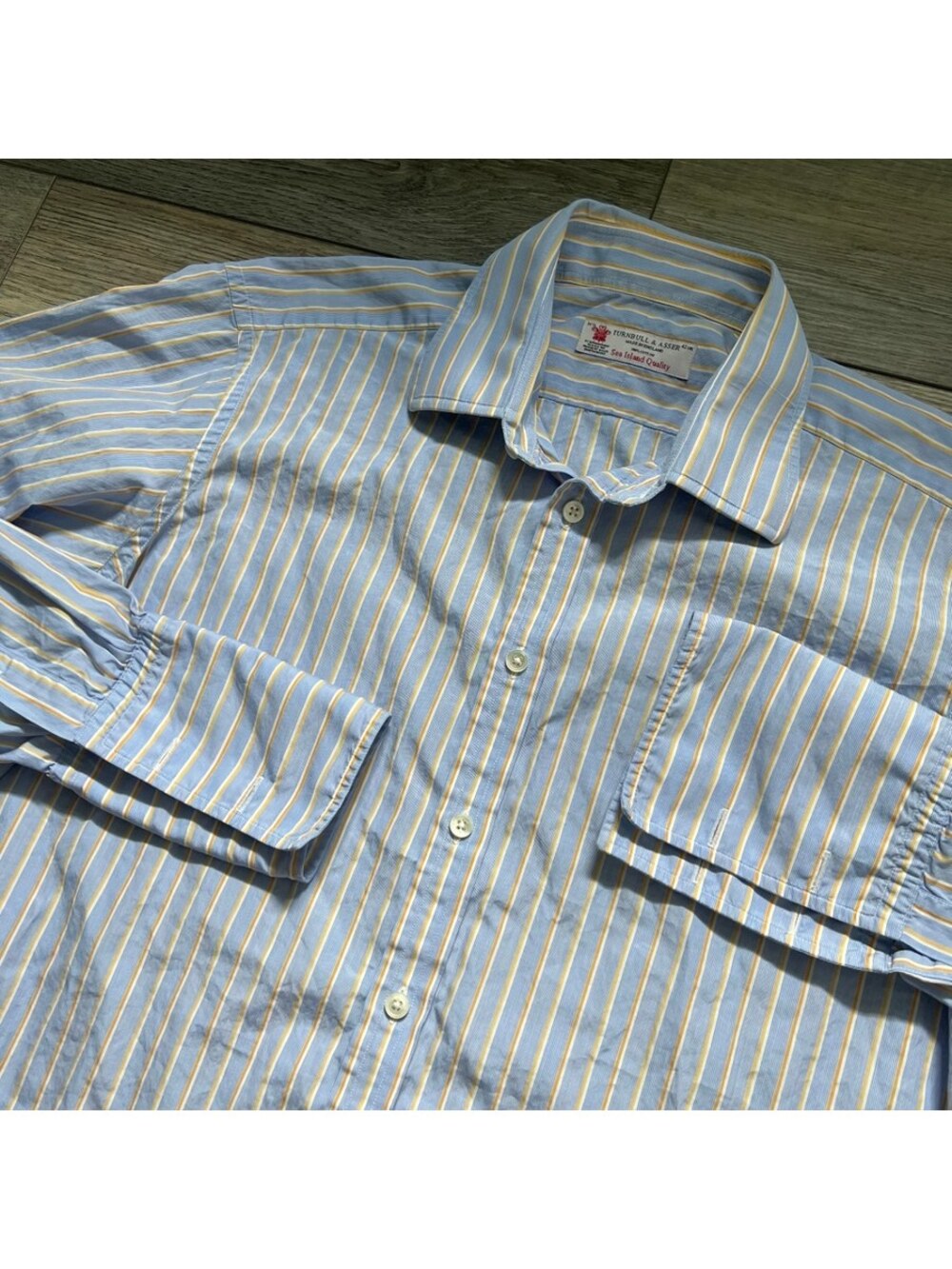 Turnbull Asser Men's 42 Dress Shirt Blue Striped England Sea Island French Cuffs